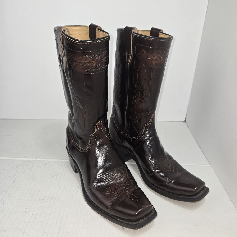 Vintage Kinney Cowboy Boots Men Sz 9.5 D Browm / Wine Square Toe Rodeo Festival